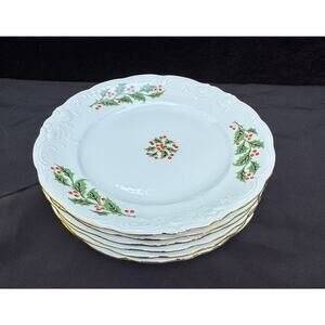 Vintage Royal Kent Christmas Holiday Holly Poland 6 3/4” Bread Plate Set Of 8